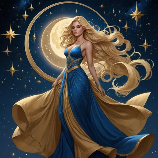 Prompt: a woman with long blonde hair in a blue dress with stars in the background and a blue dress with gold trim, Charlie Bowater, fantasy art, highly detailed digital painting, a detailed painting