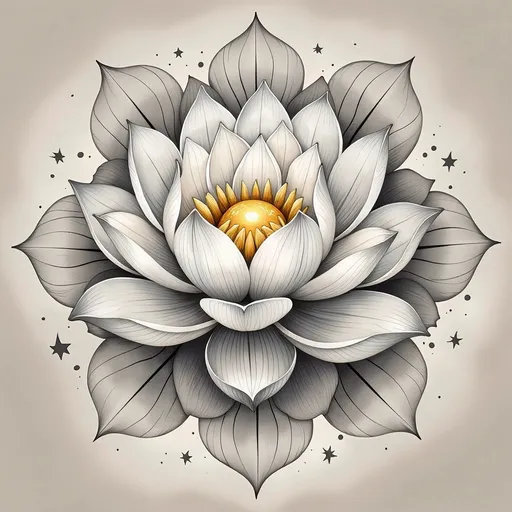Prompt: This is a digital illustration of a highly detailed white lotus flower, centered in the image. The lotus has multiple layers of petals, each meticulously drawn with fine, delicate lines that give a sense of texture and depth. The petals are primarily white, with subtle shading that adds dimension. At the center of the lotus is a bright, glowing yellow circle, which contrasts sharply with the white petals and draws the eye to the flower's core. Surrounding the main lotus flower are several smaller, grayscale lotus petals, creating a layered, almost mandala-like effect. These smaller petals are less detailed and fade into the background, providing a sense of depth and complexity. The background is a soft beige, which helps the white and yellow elements of the lotus stand out. Tiny, faint bubbles and star-like shapes are scattered around the background, adding a whimsical touch. The overall style of the illustration is intricate and elegant, with a focus on symmetry and detail, reminiscent of both botanical and mandala art. The use of grayscale for the outer petals contrasts with the vibrant yellow center, creating a visually striking composition.