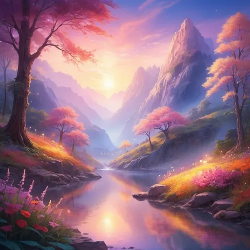 Prompt: (ethereal glow), luminous light radiating, soft illumination, vivid colors, warm ambient tones, magical atmosphere, serene background, enchanting landscapes, high detail, ultra-detailed, vibrant, dreamlike scenery, shimmering reflections, calming hues, captivating visual experience