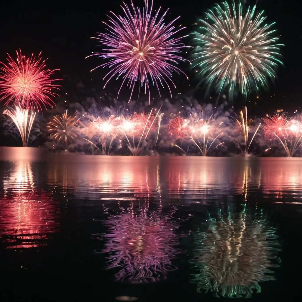 Prompt: fireworks reflected in water