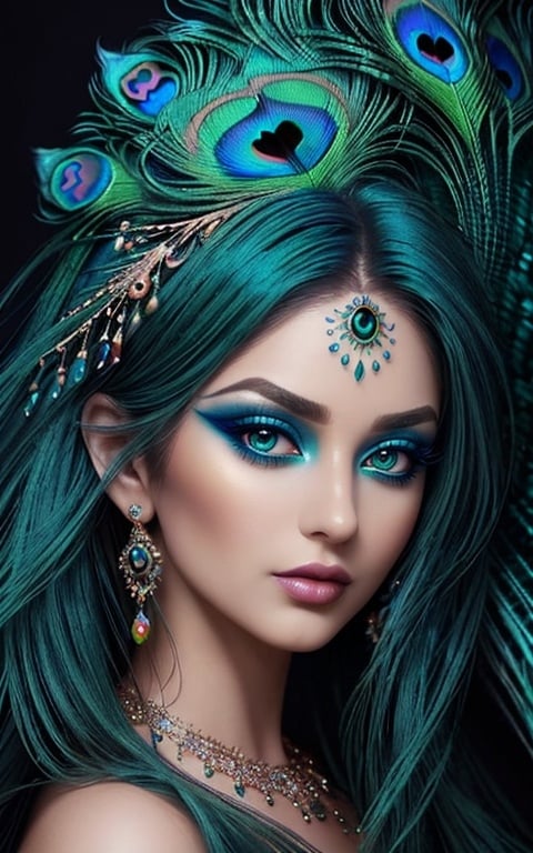 Prompt: Gorgeous woman with beautiful makeup and hair, peacock feathers in her hair, high-quality, detailed, realistic, elegant, vibrant colors, professional makeup, glamorous lighting, 4k resolution, portrait, detailed facial features, luxurious, exotic, peacock feathers, elegant hairstyle, stunning makeup, beauty shot