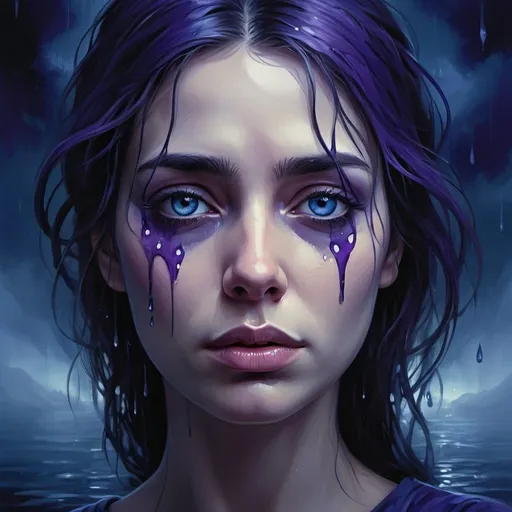 Prompt: Surreal, emotional digital painting of a person, deep blue and dark purple hues, dreamlike scenery, flowing tears with reflective details, expressive eyes conveying deep sadness, misty atmosphere, haunting and ethereal, best quality, highres, emotional, surreal, digital painting, deep blue tones, dark purple hues, flowing tears, expressive eyes, misty atmosphere, ethereal, emotional lighting