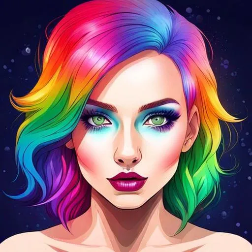 Prompt: Girl with rainbow colored hair, bright eyes,  beautiful makeup, facial closeup