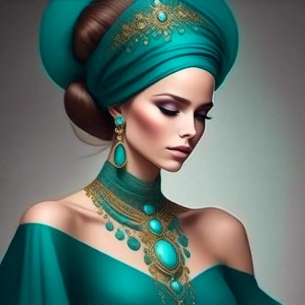 Prompt: <mymodel>An extremely gorgeous woman,  with turquoise jewels, in color scheme of turquoise and gold