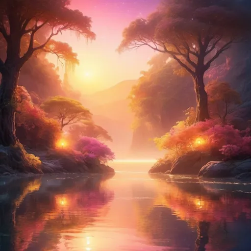 Prompt: (ethereal glow), luminous light radiating, soft illumination, vivid colors, warm ambient tones, magical atmosphere, serene background, enchanting landscapes, high detail, ultra-detailed, vibrant, dreamlike scenery, shimmering reflections, calming hues, captivating visual experience