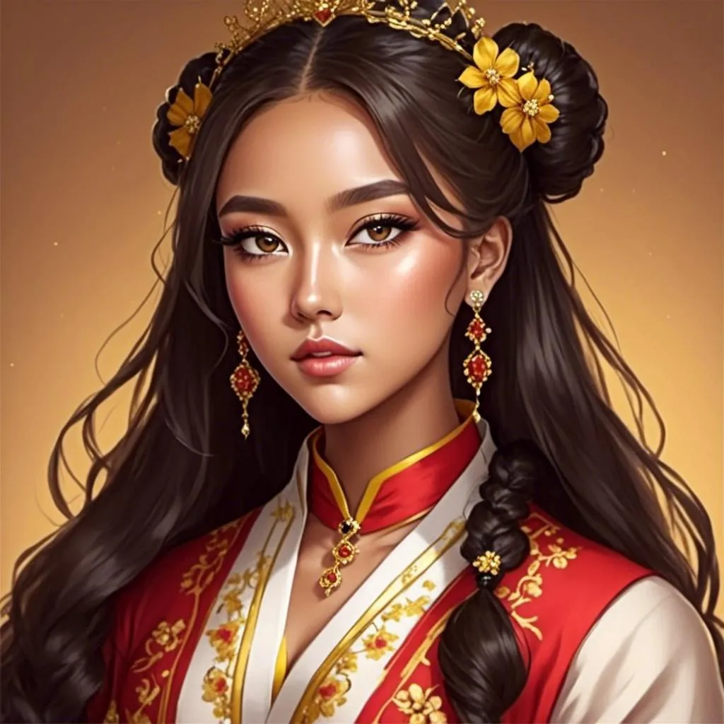 Prompt: <mymodel>Bumbleigh Bee-A beautiful Korean young woman with long black hair and dark skin with large brown eyes  dressed in traditional Korean clothing 