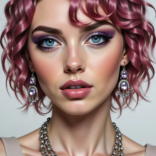 Prompt: a woman with bright pink hair and purple makeup is wearing a necklace and earrings with jewels on it and a necklace with a drop, Elina Karimova, synchromism, pink, a stock photo