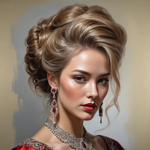 Prompt: <mymodel>Realistic oil painting of a powerful and elegant woman, flowing red gown, intricate jewelry, captivating gaze, detailed facial features, high quality, realistic, oil painting, elegant, flowing gown, powerful, captivating gaze, detailed facial features, intricate jewelry, professional lighting