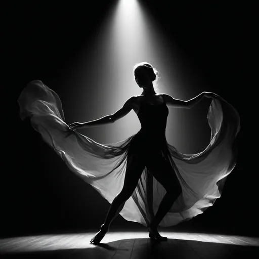 Prompt: Dramatic, mystical dance performance in the dark, silhouette of flowing movements, low-light atmosphere, high contrast, fine art, professional photography, mysterious, elegant, expressive poses, captivating shadow play, black and white, high quality, high contrast, mystical, elegant, expressive, professional photography, fine art, low-light atmosphere