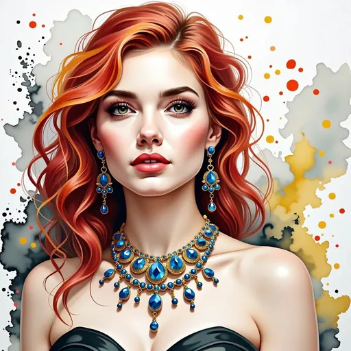 Prompt: This is a digital painting of a striking woman with a fair complexion, characterized by a captivating, expressive face and vibrant red and yellow curly hair. Her hair is voluminous and intricately curled, with the red transitioning into yellow at the top. She has large, almond-shaped green eyes with detailed eyelashes and well-defined eyebrows. Her lips are full and painted a soft pink. She wears a black, strapless top adorned with small, colorful gemstones, which complement her ornate jewelry. Her necklace is elaborate, featuring large blue gemstones and intricate goldwork, and she also wears matching blue gemstone earrings with delicate gold chains.

The background is an abstract blend of watercolor-like splashes in shades of gray, yellow, and black, which adds a dynamic and artistic feel to the image. The overall style of the painting is highly detailed and realistic, with a focus on vibrant colors and intricate textures, particularly in the hair and jewelry. The woman's confident and slightly aloof expression adds a sense of personality and depth to the portrait. The image combines elements of realism and fantasy, creating a visually compelling and richly detailed portrait.