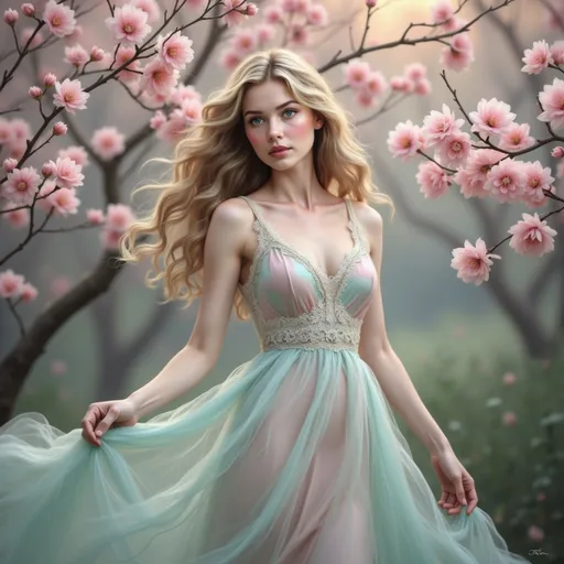 Prompt: Surrounded by an enchanting grove of blooming pink flowers, a young woman with blue eyes and wearing a  flowing pastel gown exudes a serene elegance, embodying the essence of spring. The soft breeze gently lifts the fabric of her dress, which is a delicate blend of mint green and blush pink, accentuated by intricate embroidery at the waist. Her long, wavy hair cascades subtly over her shoulders, framing a tranquil expression as she gazes dreamily into the distance. The ambient light filters through the blooms, casting a warm, ethereal glow that enhances the dreamlike atmosphere of this idyllic scene, where nature and beauty harmoniously intertwine.