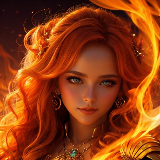 Prompt: fairy goddess, warm colors, fiery background, closeup