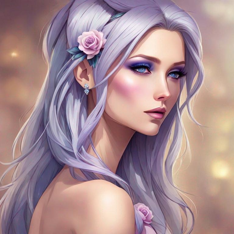 Prompt: A beautiful woman, white hair with pastel purple highlights, violet eyes, blue eyeshadow, pastel blue roses in her hair, blue jewels on forehead, cartoon style