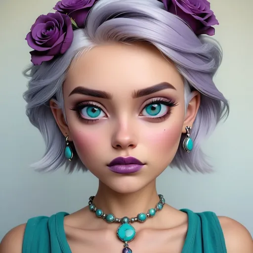 Prompt:  girl with silver hair, dusky purple rose , turquoise jewelry