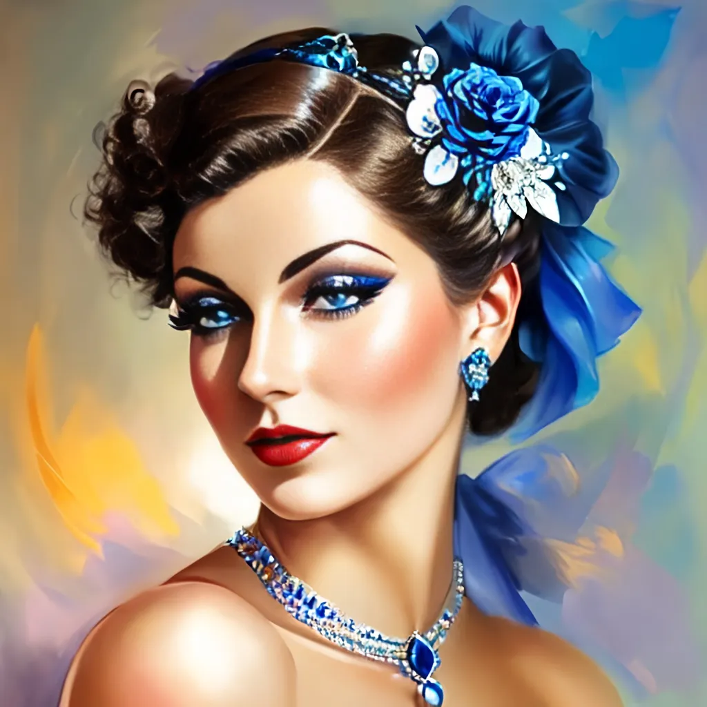 Prompt: Glamorously dressed lady of rhe 1930's wearing sapphire jewelry,blue eyes