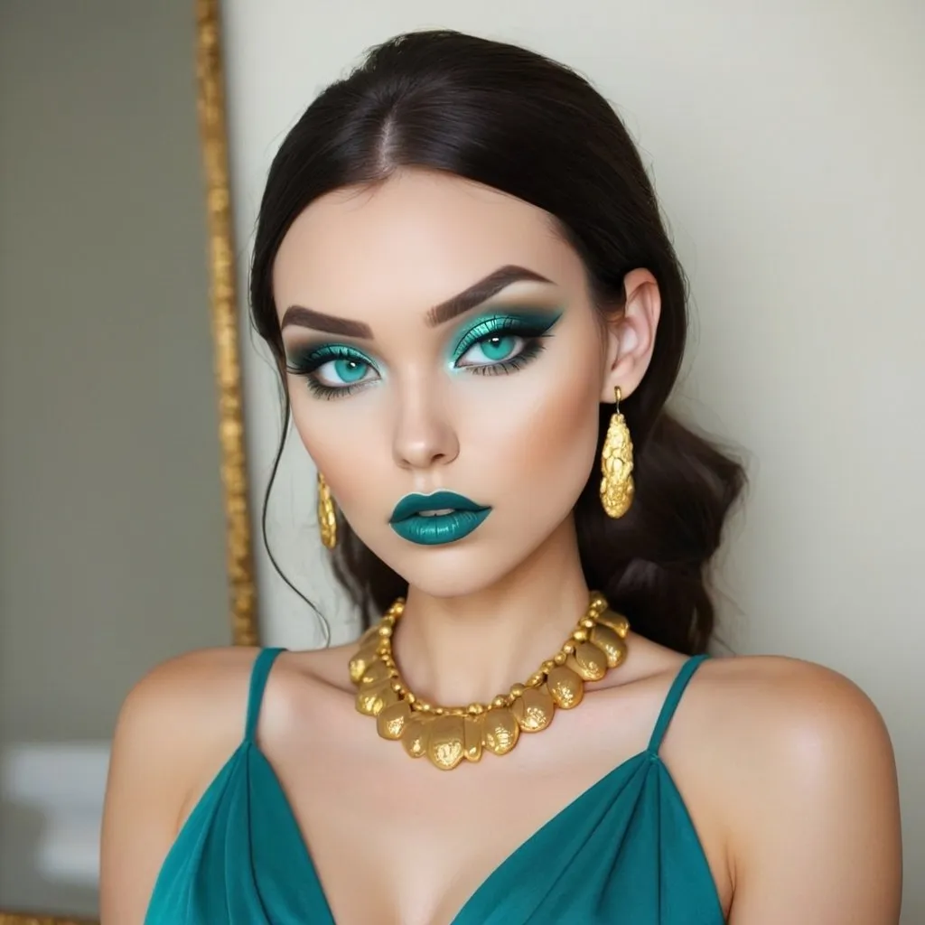 Prompt: <mymodel> Teal and gold beauty, beautiful makeup, gold lipstick