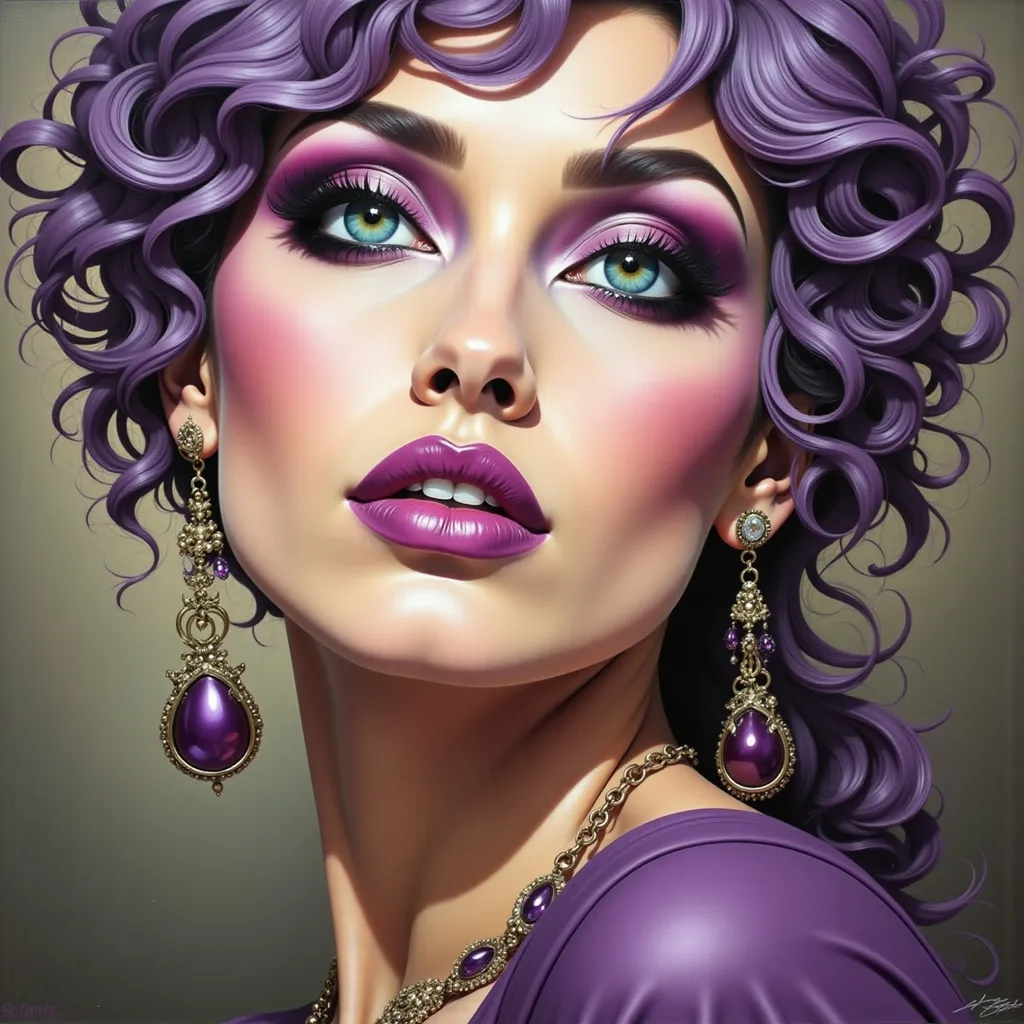 Prompt: a painting of a woman with  large eyes, purple makeup and purple hair and purple lipstick on her lips and purple dress, Edwin Georgi, hyperrealism, extremely detailed oil painting, a hyperrealistic painting