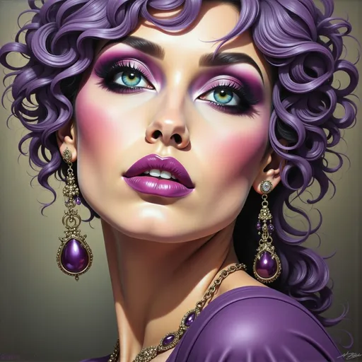 Prompt: a painting of a woman with  large eyes, purple makeup and purple hair and purple lipstick on her lips and purple dress, Edwin Georgi, hyperrealism, extremely detailed oil painting, a hyperrealistic painting