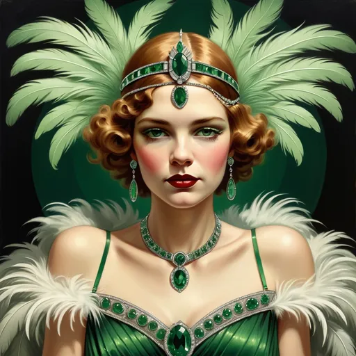 Prompt: a woman in a green dress with feathers on her head and a tiara on her head, with a feathery collar and a green jeweled necklace, Edwin Georgi, art deco, highly detailed digital painting, an art deco painting