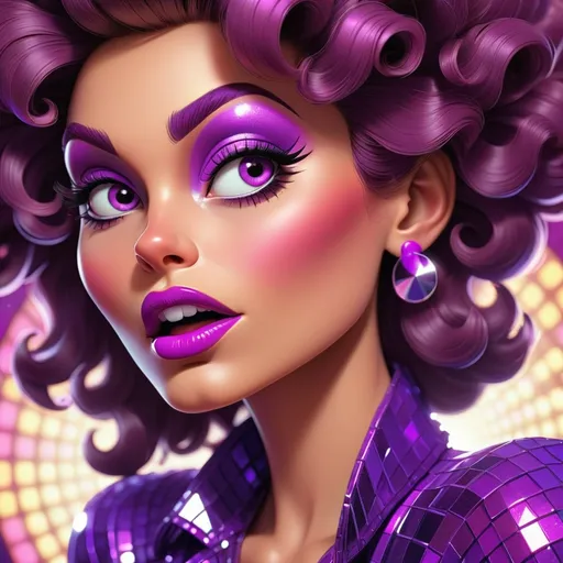 Prompt: Cartoon-style closeup illustration of a disco lady, big hair, vibrant  purple 80s makeup, detailed smooth lines, high quality, playful, detailed eyes, rosy cheeks, cartoon style, professional lighting
