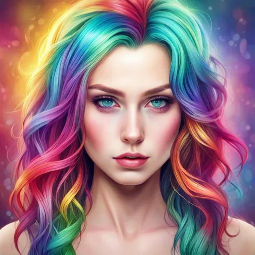 Prompt: Girl with rainbow colored hair, bright eyes, facial closeup