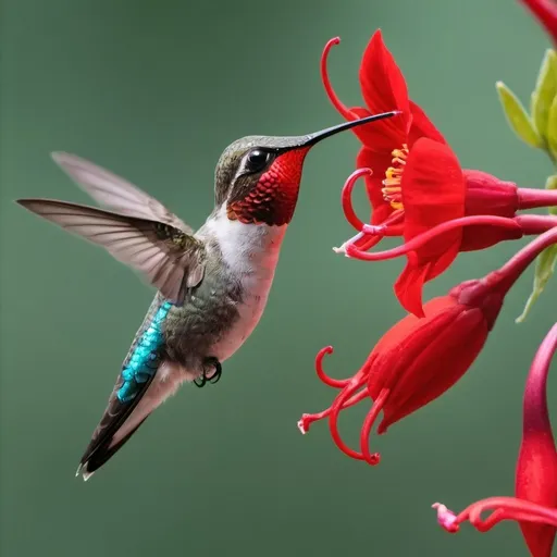 Prompt: A bee hummingbird feeding from a vivid red flower