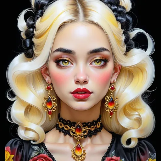 Prompt: <mymodel> beautiful woman, hair pinned up, yellow red black dress, earrings, Watercolor, trending on artstation, sharp focus, studio photo, intricate details, highly detailed, by  Josephine Wall and Jasmine Becket-Griffith