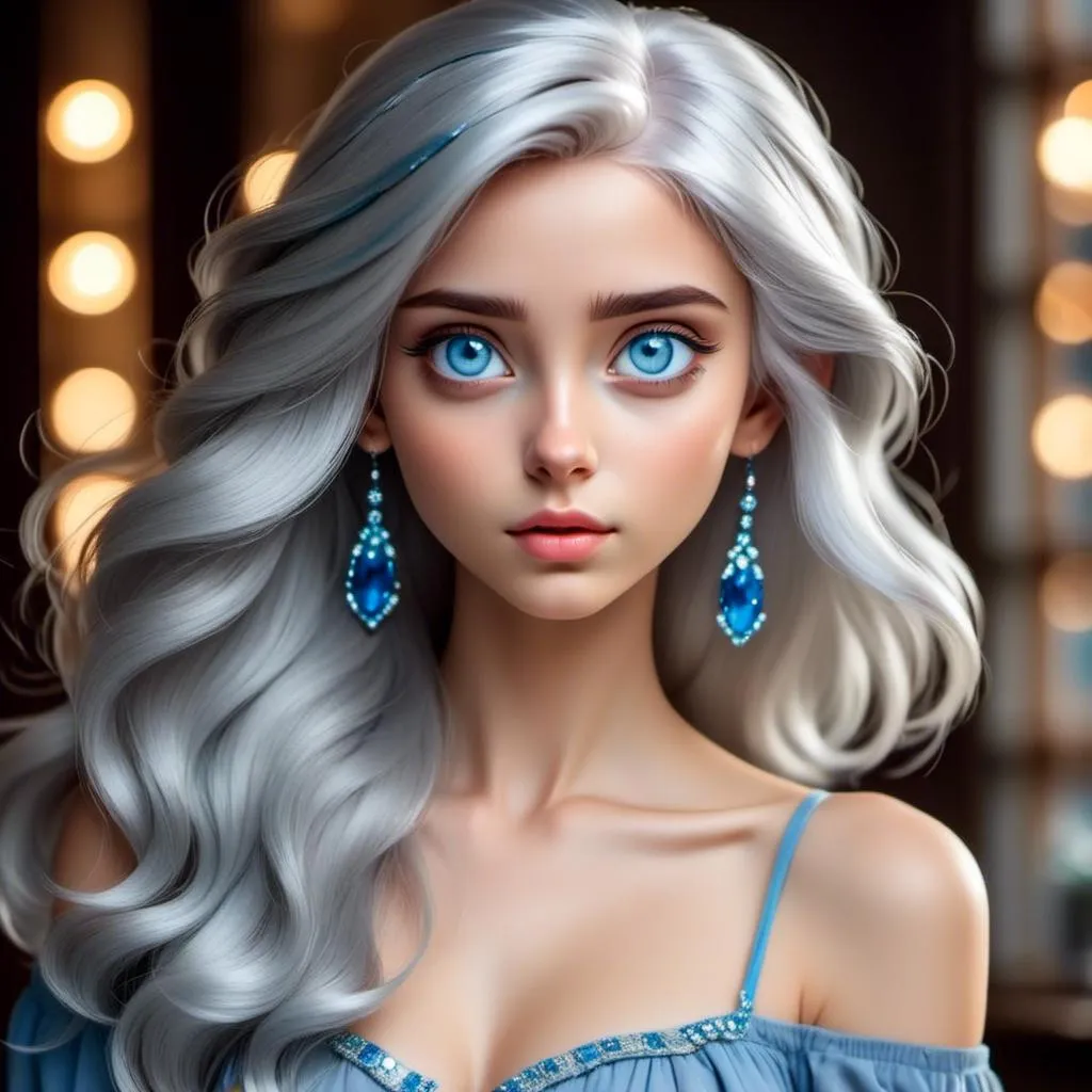 Prompt: <mymodel>A beautiful woman, white hair, blue eyes, blue eyeshadow, blue jewels o