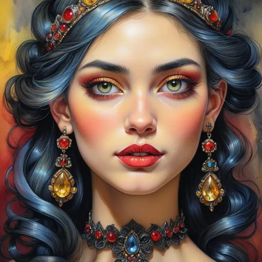 Prompt: <mymodel> beautiful woman, hair pinned up, yellow red black dress, earrings, Watercolor, trending on artstation, sharp focus, studio photo, intricate details, highly detailed, by  Josephine Wall and Jasmine Becket-Griffith