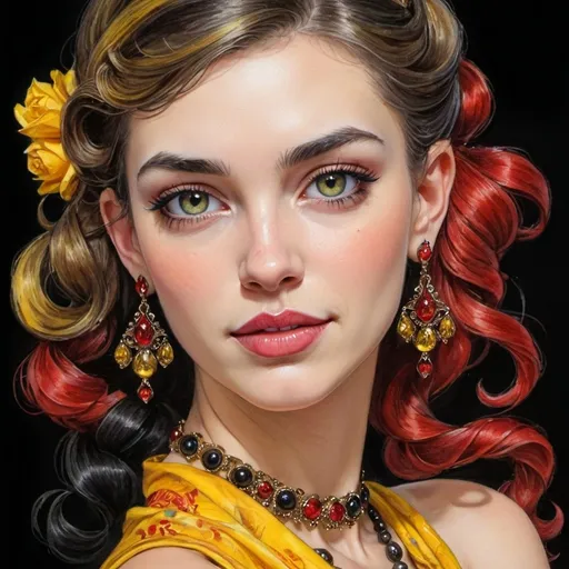 Prompt: <mymodel> beautiful woman, hair pinned up, yellow red black dress, earrings, Watercolor, trending on artstation, sharp focus, studio photo, intricate details, highly detailed, by  Josephine Wall and Jasmine Becket-Griffith