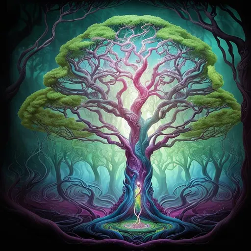 Prompt: Surrealistic depiction of the Tree of Life, vibrant and otherworldly, swirling branches and roots, dreamlike atmosphere, mysterious and enchanting, high quality, detailed surrealism, magical realism, whimsical colors, ethereal lighting, mystical infusion, vibrant and dreamlike, mystical, enchanted, surrealism, vibrant colors, swirling branches, dreamlike, high quality, detailed, magical realism, ethereal lighting