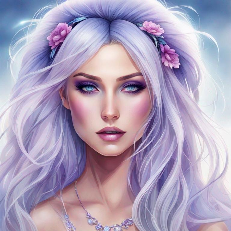 A beautiful woman, white hair with pastel purple hig...