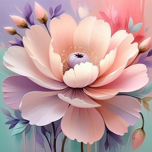 Prompt: (pastel-themed painting of flowers), soft color palette, dreamy vibes, delicate blossoms in various shades of pink, lavender, and mint, serene background with gentle brush strokes, subtle textures, tranquil atmosphere, emphasis on elegance and beauty, highly detailed petals, light and airy composition, (HD), vibrant yet soothing ambiance.