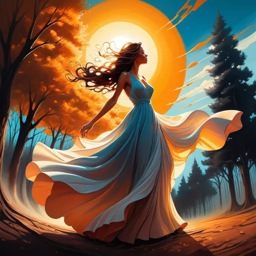 Prompt: a painting of a woman with a flowing dress and a sun in the background, with a sky and trees, Cyril Rolando, action painting, incredible art, an airbrush painting