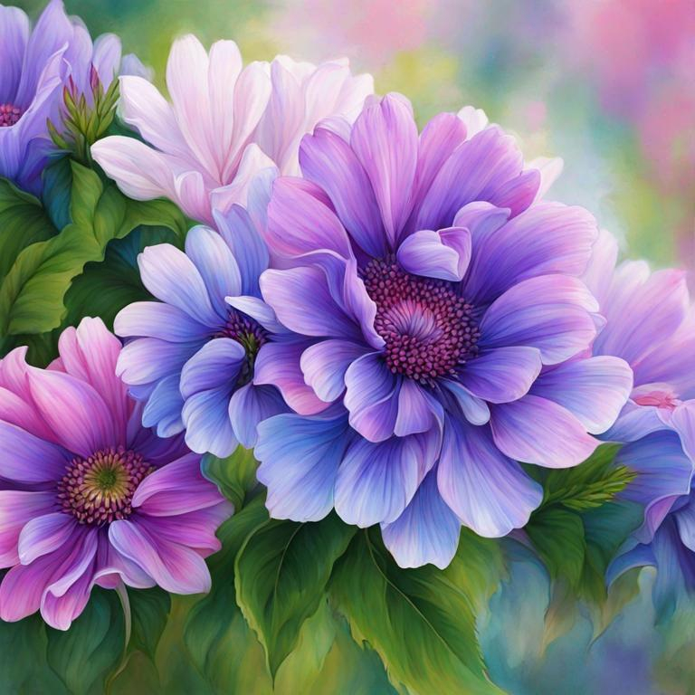 Prompt: purple, pink and blue flowers