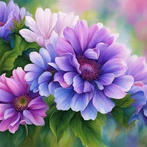 Prompt: purple, pink and blue flowers