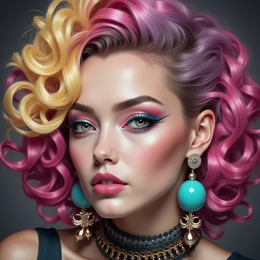 Prompt: A striking portrait captures a young woman with vibrant, multi-colored hair, featuring a blend of pink and yellow curls that create a bold frame around her face. Her makeup is equally dramatic, showcasing vibrant hues of pink, purple, and blue, expertly applied to accentuate her features, especially her large, expressive eyes lined with electric blue eyeliner. She wears large, turquoise earrings that contrast beautifully with her bright lips, painted in a deep magenta. Set against a dark background, the lighting enhances the glossy finish of her skin, adding a captivating glow that highlights the artistry of her look. The overall composition exudes a sense of confidence and playful glamour, evoking a lively and dynamic personality.