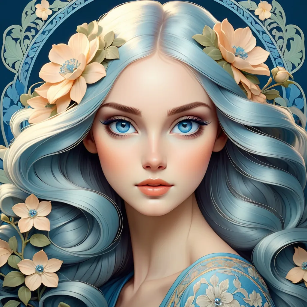 Prompt: Art Nouveau illustration of a mesmerizing blue-eyed beauty, flowing hair with floral motifs, elegant vintage attire, soft pastel color palette, intricate organic patterns, graceful posture, detailed facial features, captivating gaze, best quality, highres, elegant, Art Nouveau, floral motifs, vintage attire, soft pastels, intricate patterns, detailed features, captivating gaze, graceful posture, organic style