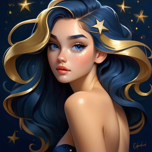 Prompt: <mymodel>a beautiful girl on a dark blue background with gold stars in her hair, shimmer, glow, stars, wavy hair, euphoria makeup, highly detailed girl by artgerm and Edouard Bisson, highly detailed oil painting, portrait of a beautiful person, art by Stanley Artgerm, Charlie Bowater, Atey Ghailan and Mike Mignola,