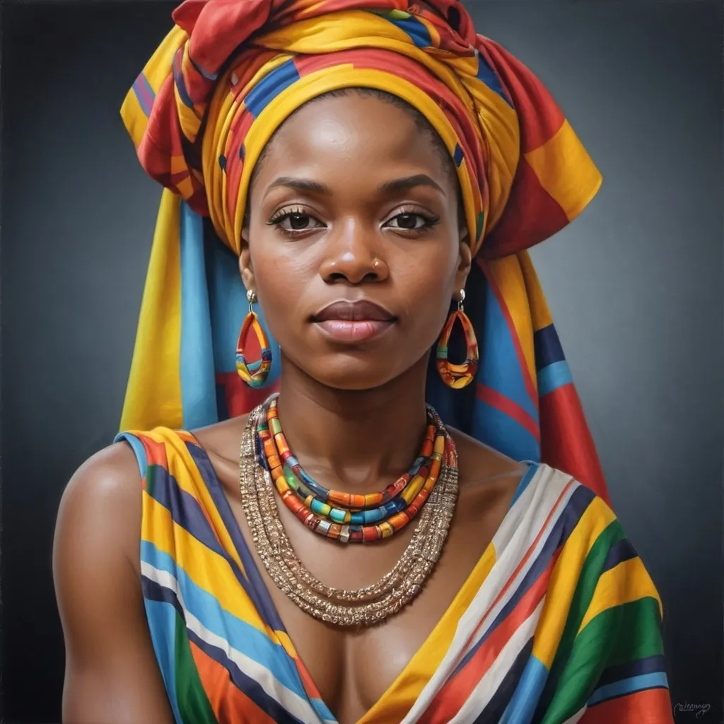 Prompt: a woman with a colorful head wrap and earrings on her head, wearing a colorful dress and a necklace, Chinwe Chukwuogo-Roy, photorealism, highly detailed digital painting, a photorealistic painting