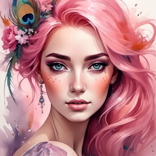 Prompt: <mymodel>Pretty woman adorned with peacock feathers, pink hair, vibrant colors, detailed feathers, elegant pose, high quality, oil painting, fantasy, vibrant tones, soft lighting