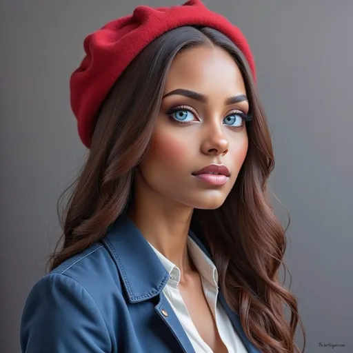 Prompt: a painting of a woman with a red hat on her head and a blue jacket on her shoulders and a white shirt on, Artgerm, figurative art, photorealistic portrait, a photorealistic painting