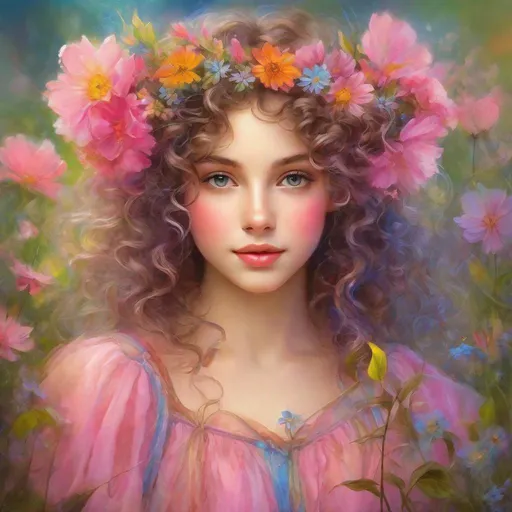 Prompt: a young fairy of spring, very curly hair, pink glow on cheeks,wildflowers, vivid colors, closeup