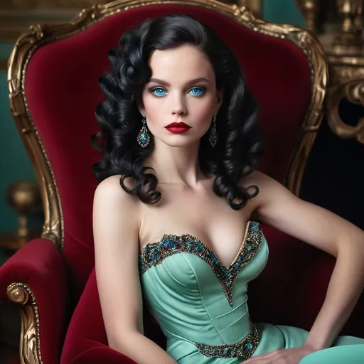 Prompt: Seated gracefully in an opulent, deep red armchair adorned with plush upholstery, a striking woman exudes elegance and poise. Her long, lustrous black curls cascade down her shoulders, framing a visage marked by dramatic blue eyes and bold crimson lips, creating a captivating contrast against her soft, mint-green gown. The dress features intricate beadwork along the neckline and waist, enhancing her sophisticated allure, while a bouquet of vibrant red roses rests beside her, adding a touch of romance to the scene. The rich wooden backdrop and luxurious setting evoke an atmosphere of timeless glamour, enveloping the viewer in an enchanting narrative of beauty and grace. The lighting is warm and inviting, casting gentle shadows that highlight her delicate features and the sumptuous textures surrounding her.