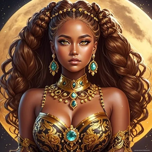 Prompt: <mymodel> Intricately detailed front facing elaborate beautiful brown skinned African Nigerian moon goddess glistening face bright eyes prismatic intricately braided hair hyperdetailed painting fantasy art 4K, DUNGEON SETTING, EXTREMELY LARGE EXPOSED BOOSOM, MUSCLED AFRICAN MAN NO SHIRT SUCKLING HER BOSSOM  digital illustration, extreme detail, digital art, ultra hd, vintage photography, beautiful, tumblr aesthetic, retro vintage style, hd photography, hyperrealism, motion blur, wide angle lens, deep depth of field, warm, Soft Lighting, Reflective Eyes, Intricate Detail, anime Character Design, Unreal Engine, Beautiful, Tumblr Aesthetic, Hd Photography, Hyperrealism, Beautiful Watercolor Painting, Realistic, Detailed,