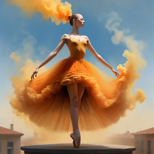 Prompt: a ballerina in a dress made of orange and yellow smoke behind her and a blue sky behind her, Bastien Lecouffe-Deharme, figurative art, highly detailed digital painting, an ultrafine detailed painting