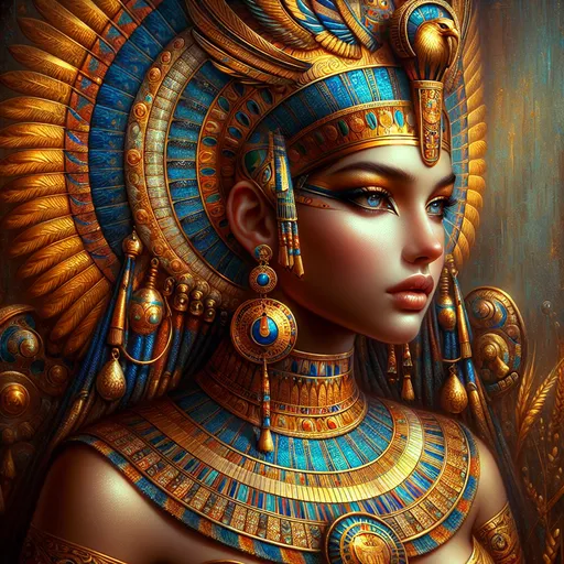 Prompt: anancient Egyptian princess wearing a gold and blue costume with a blue necklace and earrings on her head and a golden headpiece, Anne Stokes, fantasy art, affinity photo, egyptian art