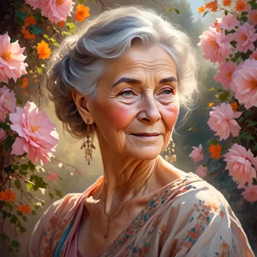 Prompt: <mymodel>Beautiful elderly woman, oil painting, serene garden setting, graceful posture, soft and warm lighting, vibrant colors, detailed wrinkles, gentle smile, high quality, oil painting, serene, graceful, vibrant colors, detailed, warm lighting, elderly, woman