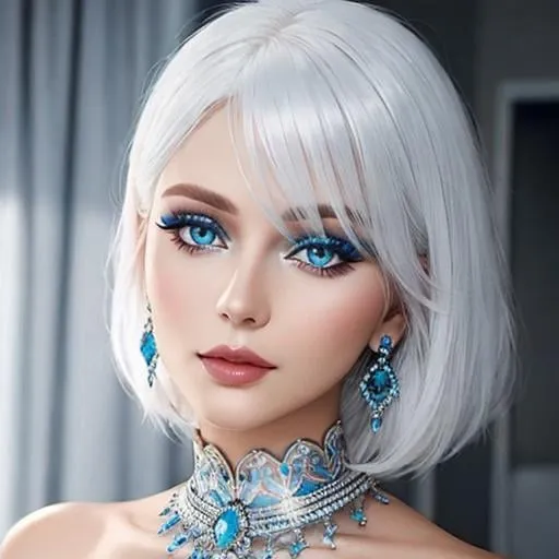 Prompt: A beautiful woman, white hair, blue eyes, blue eyeshadow, blue jewels o