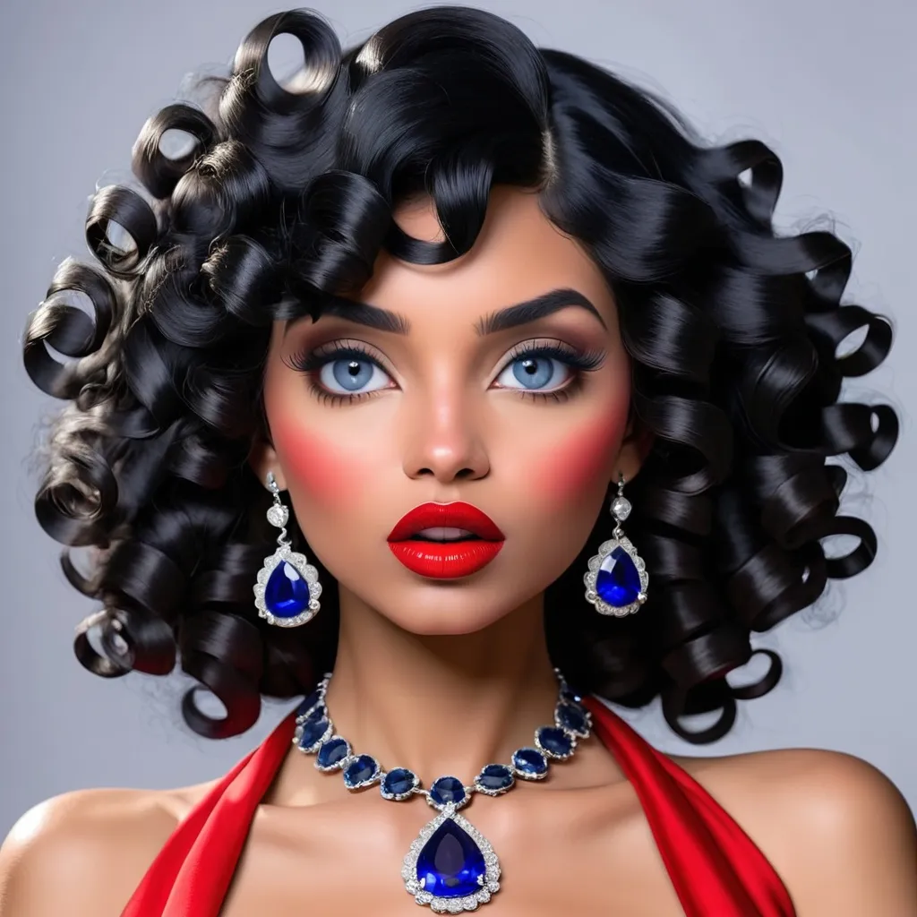 Prompt: woman with curly black hair, red lips, wearing sapphire jewelry, facial closeup
